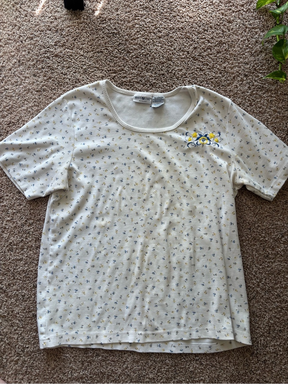 Y2K Grandma Cottagecore Cream Tee with Blue and Yellow Floral Print